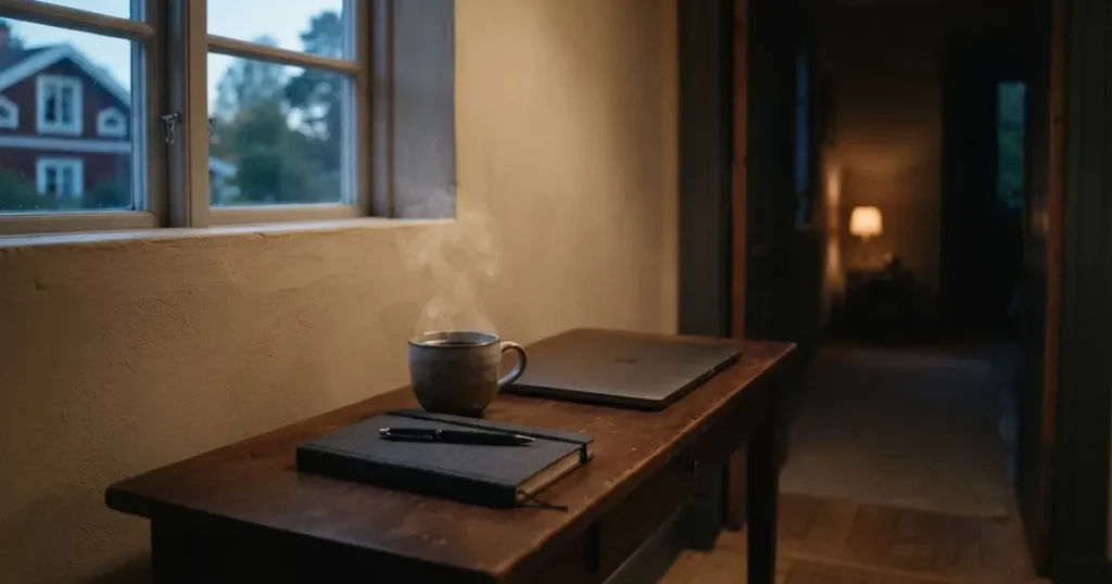 Kaffekopp och penna på ett smalt hallbord i skymning, en stängd bärbar dator vid sidan — svenska casinon med astropay