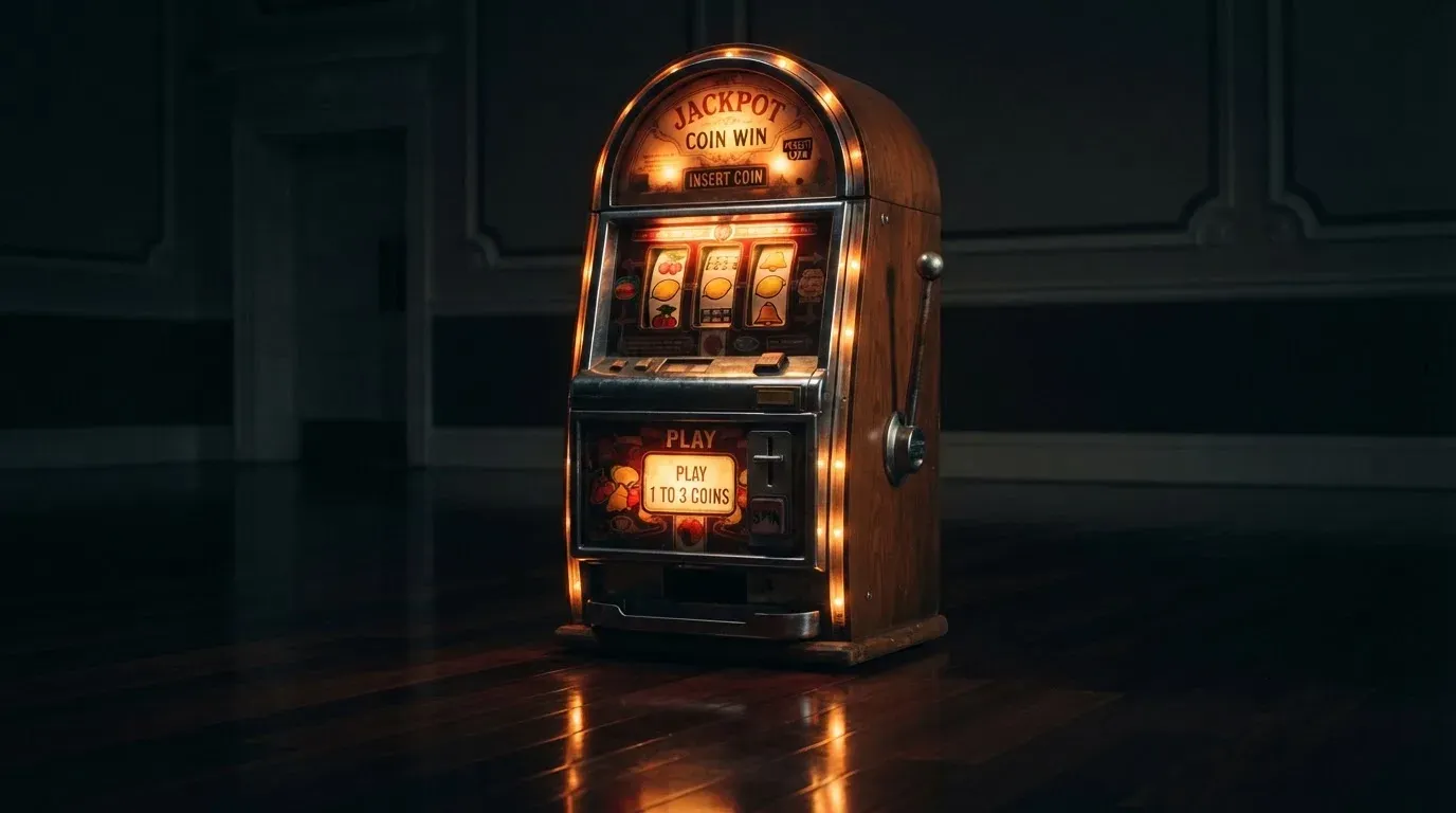 En gammal spelautomat lyser i den dunkla hallen och speglar sig i golvet — svenska casinon med banköverföring