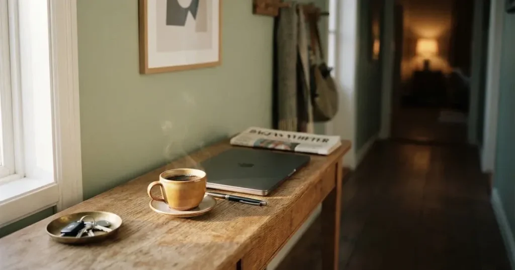 Kaffekopp och penna på ett smalt hallbord i skymning, en stängd bärbar dator vid sidan — svenska casinon med banköverföring
