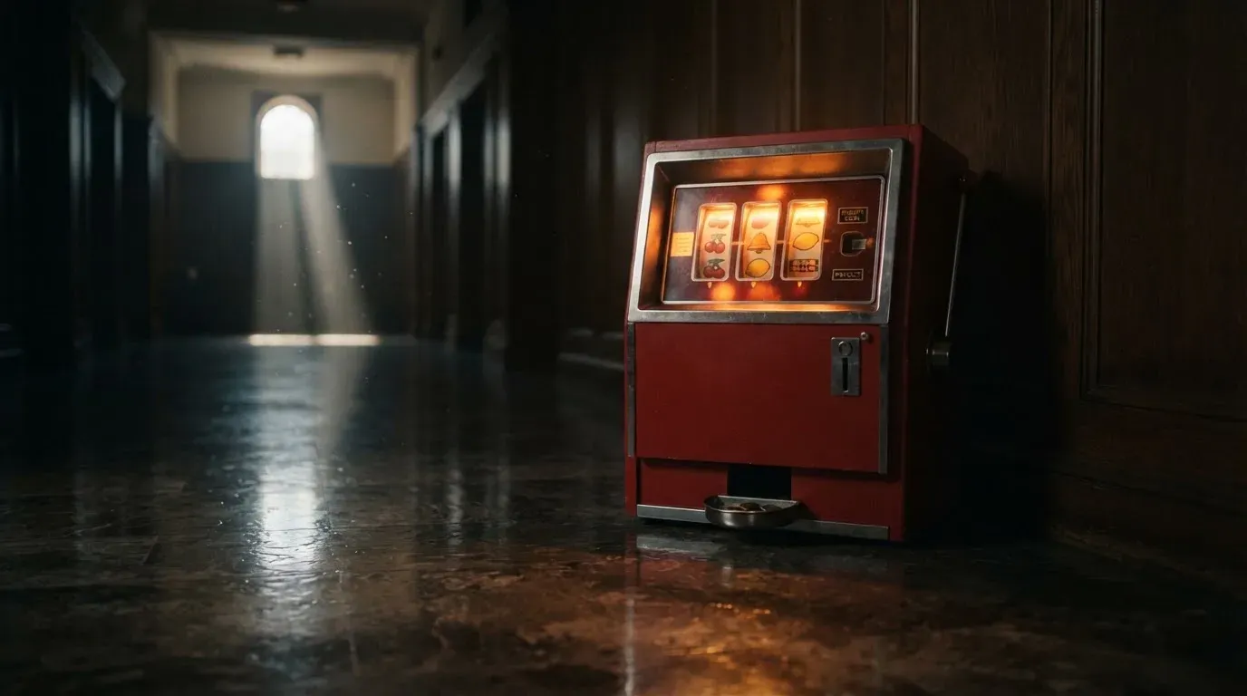 En gammal spelautomat lyser i den dunkla hallen och speglar sig i golvet — svenska casinon med bitcoin