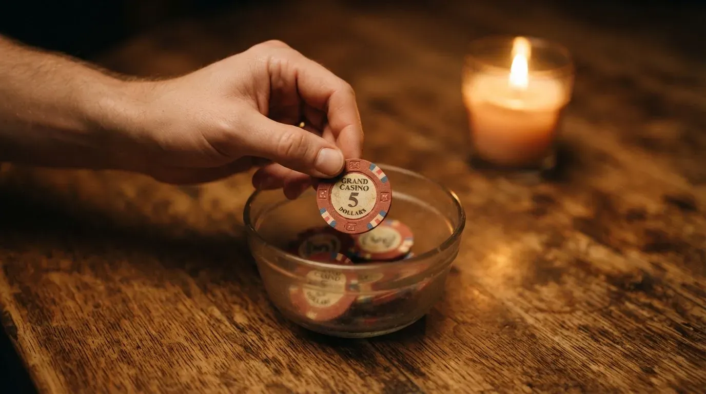 En hand lyfter en spelmark ur en skål, ljuslågan färgar bordet gyllenbrunt — svenska casinon med bonuskoder