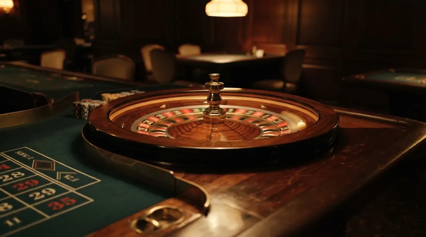 Ett roulettehjul snurrar på ett blankt träbord, den vita kulan glimmar i takljusets guld — svenska casinon med brite