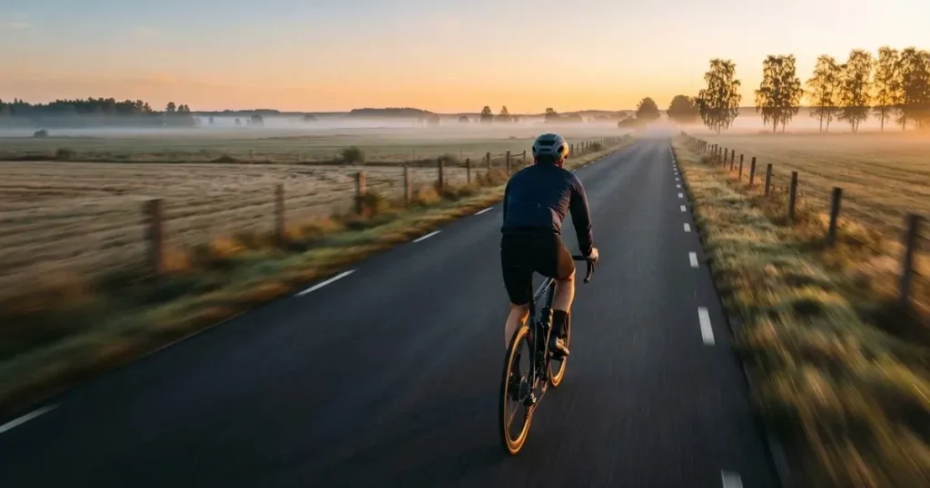En cyklist susar längs en landsväg vid soluppgång, farten gör åkrarna suddiga i bakgrunden — svenska casinon med brite