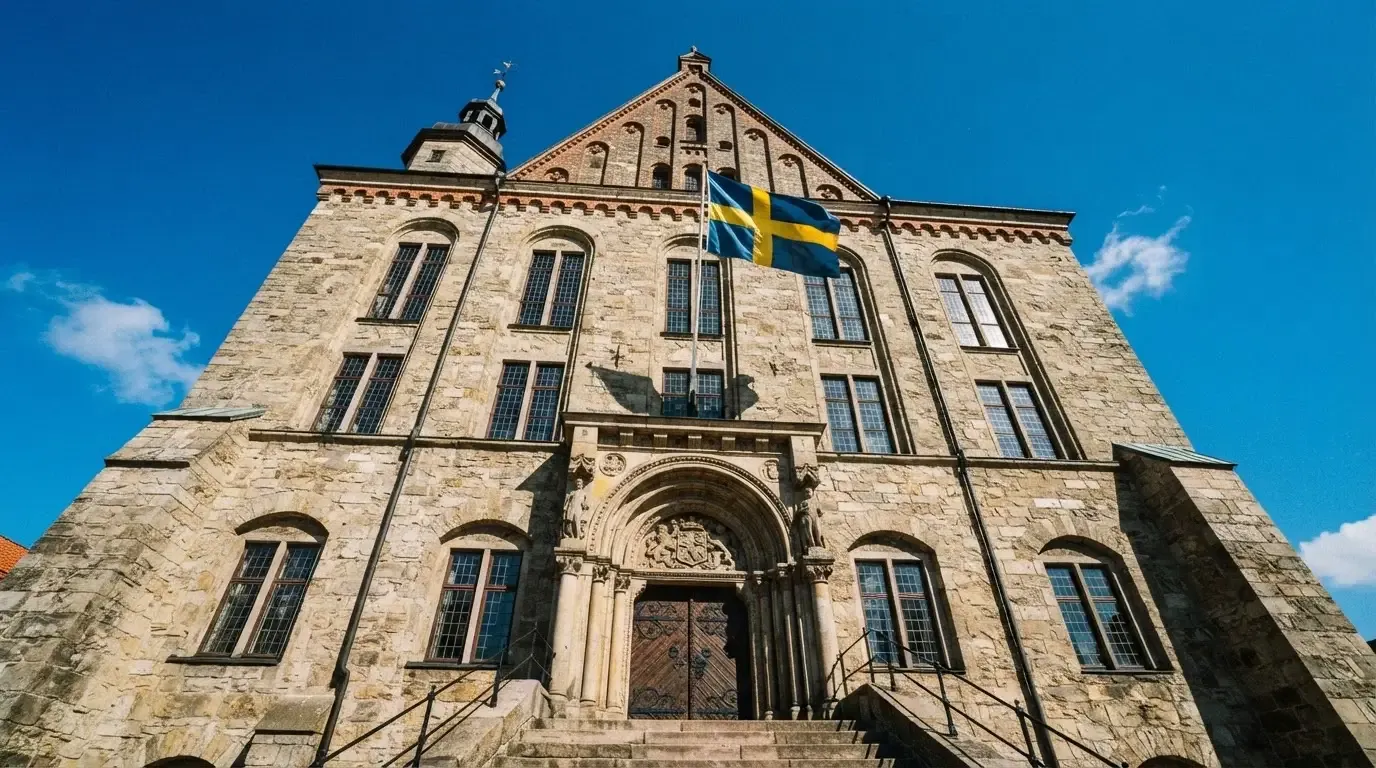 Ett gammalt stadshus i sten fotograferat underifrån mot en klarblå himmel, med den svenska flaggan som fladdrar ovanför entrén.