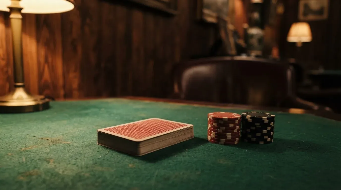 Kortlek och staplar av spelmarker på ett grönt filtbord i en dunkel salong, varmt lampsken — svenska casinon med faktura