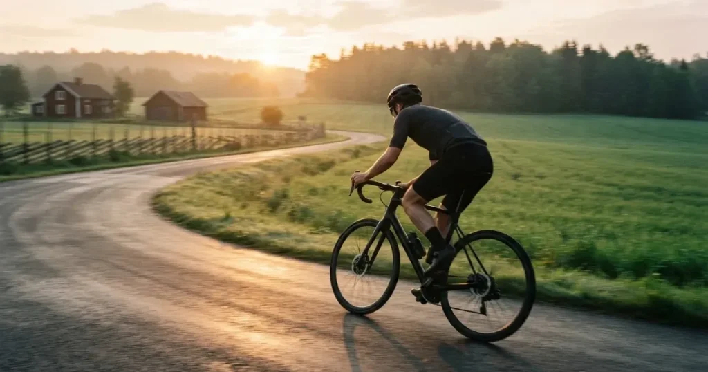 En cyklist susar längs en landsväg vid soluppgång, farten gör åkrarna suddiga i bakgrunden — svenska casinon med faktura