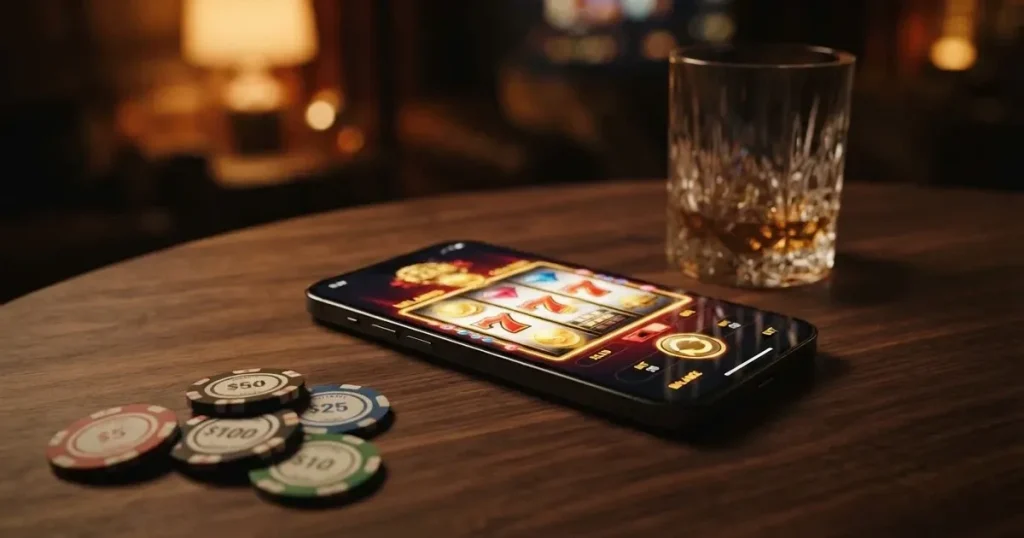 En hand håller upp en smartphone med skärmen vänd nedåt bredvid glittrande konfetti och guldmynt på ett mörkt bord.