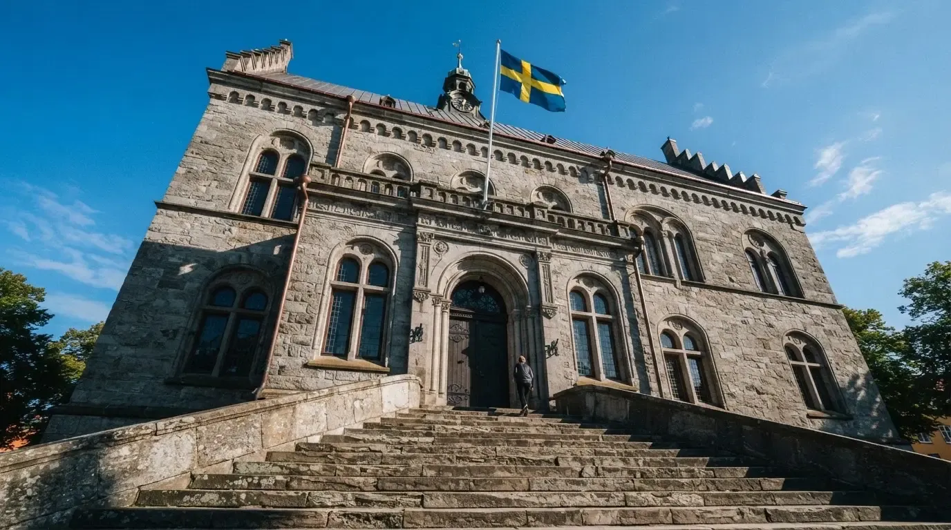 Ett gammalt stadshus i sten fotograferat underifrån mot en klarblå himmel, med den svenska flaggan som fladdrar ovanför entrén.