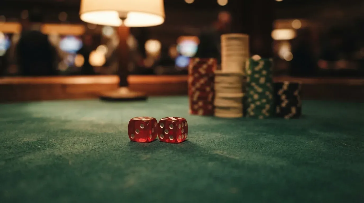 Röda tärningar vilar på grönt filt, bakom dem suddiga torn av spelmarker i kvällsdunklet — svenska casinon med google pay