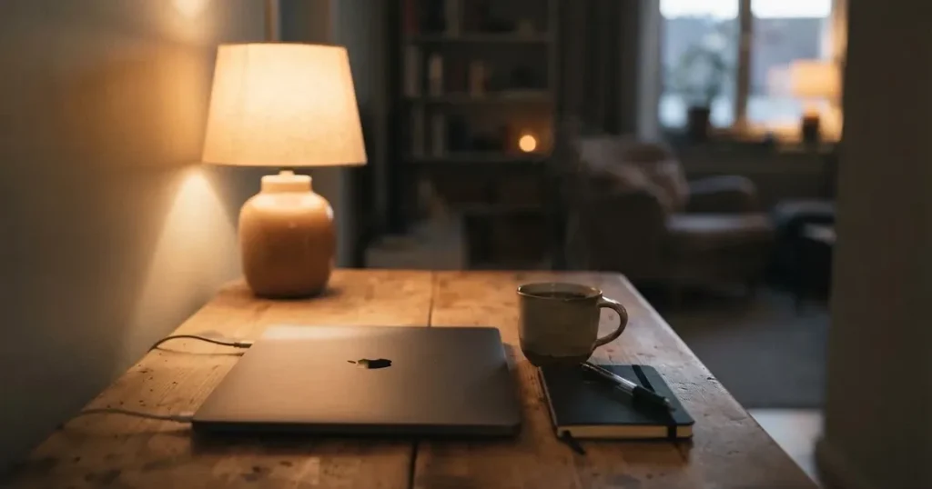 Kaffekopp och penna på ett smalt hallbord i skymning, en stängd bärbar dator vid sidan — svenska casinon med google pay