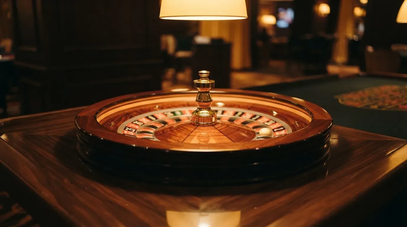 Ett roulettehjul snurrar på ett blankt träbord, den vita kulan glimmar i takljusets guld — svenska casinon med högst rtp