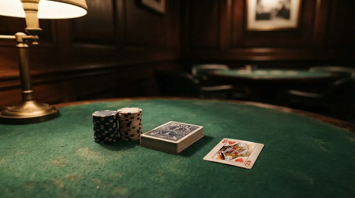 Kortlek och staplar av spelmarker på ett grönt filtbord i en dunkel salong, varmt lampsken — svenska casinon med jeton