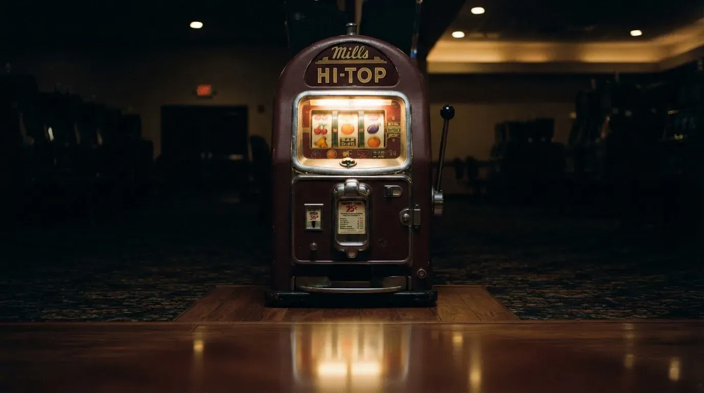 En gammal spelautomat lyser i den dunkla hallen och speglar sig i golvet — svenska casinon med keno