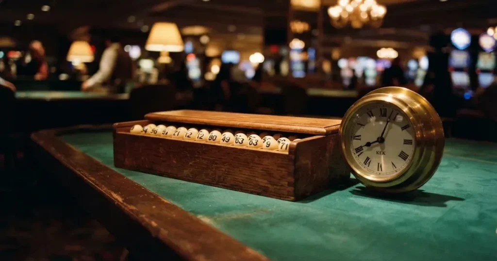 Grönt filt och en lång kortlåda av trä vid bordskanten, bredvid en blank mässingsklocka — svenska casinon med keno
