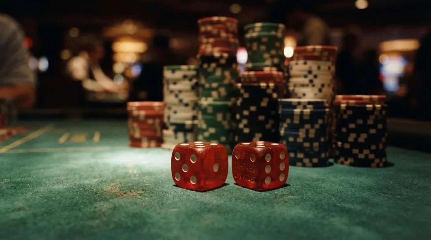 Röda tärningar vilar på grönt filt, bakom dem suddiga torn av spelmarker i kvällsdunklet — svenska casinon med klarna