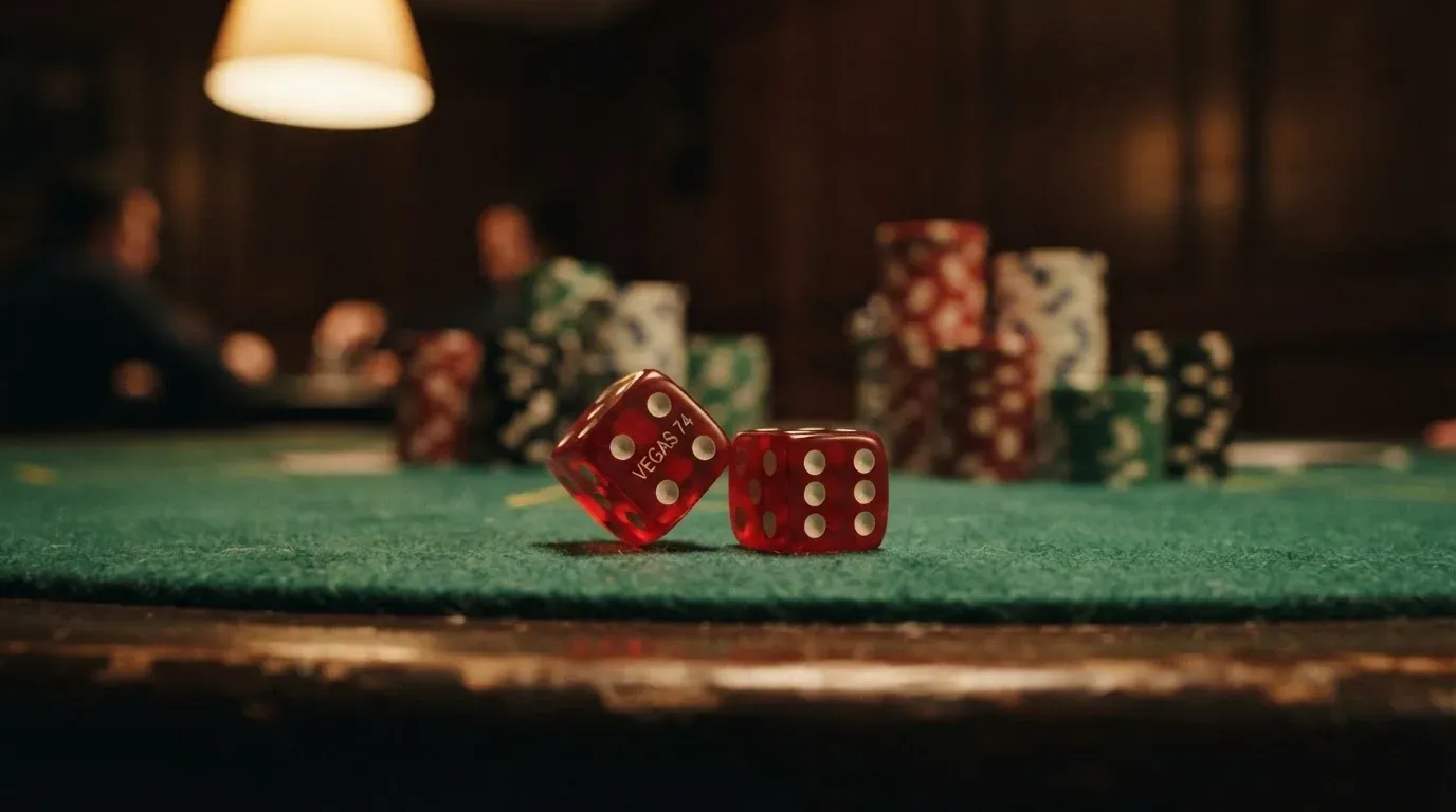 Röda tärningar vilar på grönt filt, bakom dem suddiga torn av spelmarker i kvällsdunklet — svenska casinon med litecoin