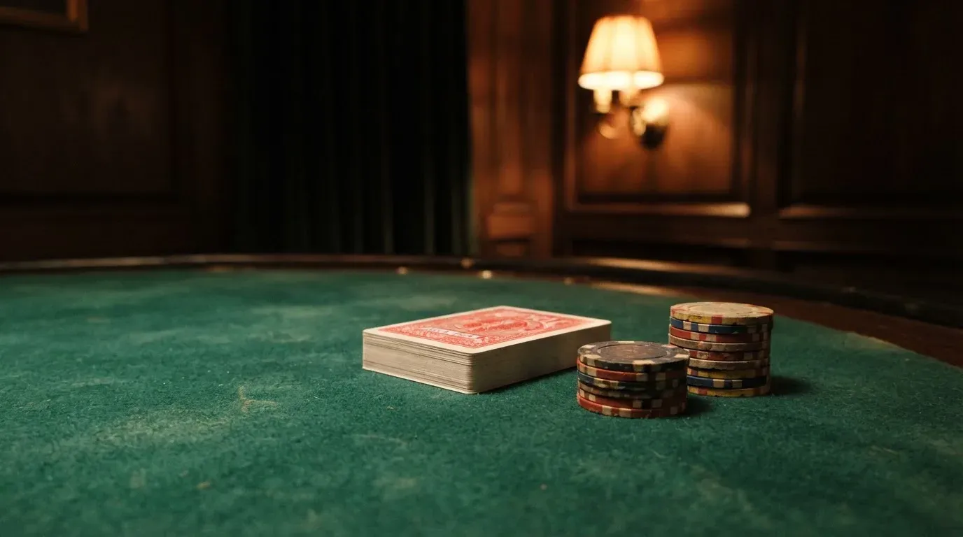 Kortlek och staplar av spelmarker på ett grönt filtbord i en dunkel salong, varmt lampsken — svenska casinon med mastercard