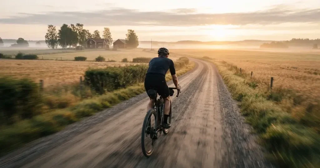 En cyklist susar längs en landsväg vid soluppgång, farten gör åkrarna suddiga i bakgrunden — svenska casinon med mastercard
