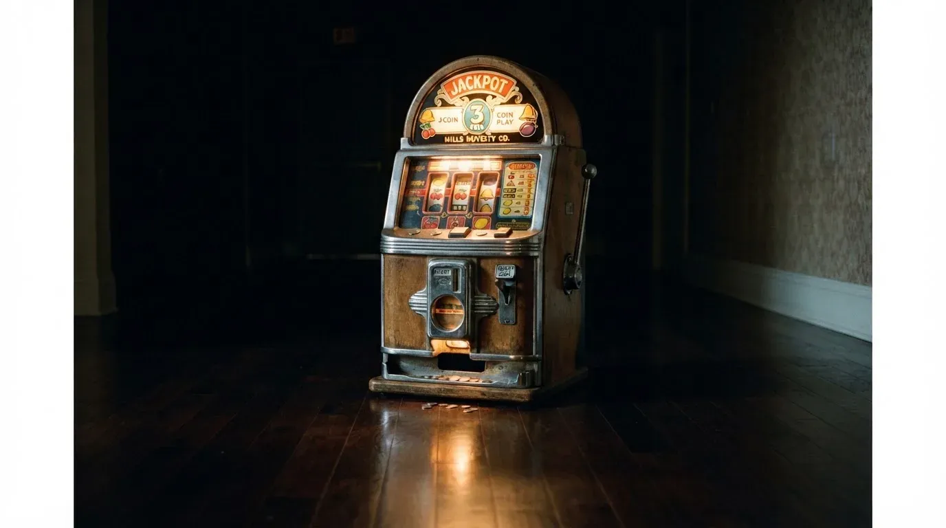 En gammal spelautomat lyser i den dunkla hallen och speglar sig i golvet — svenska casinon med mga licens
