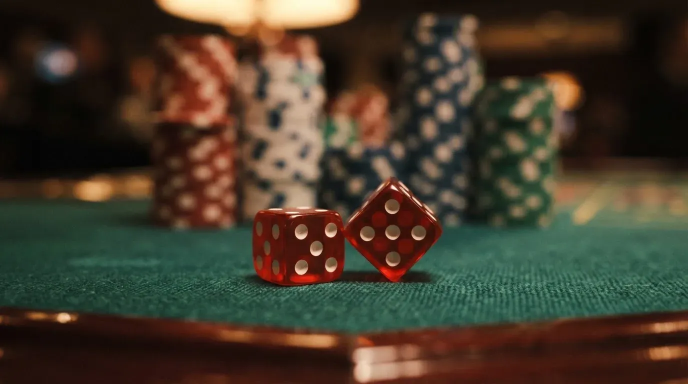 Röda tärningar vilar på grönt filt, bakom dem suddiga torn av spelmarker i kvällsdunklet — svenska casinon med neosurf