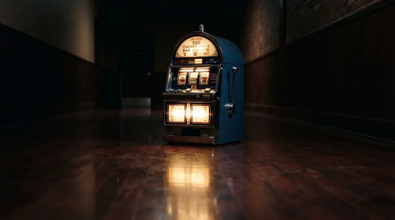 En gammal spelautomat lyser i den dunkla hallen och speglar sig i golvet — svenska casinon med neteller