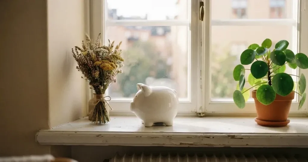 En porslinsgris på fönsterbrädan i morgonljus, bredvid en torkad blombukett och en grön växt — svenska casinon med neteller