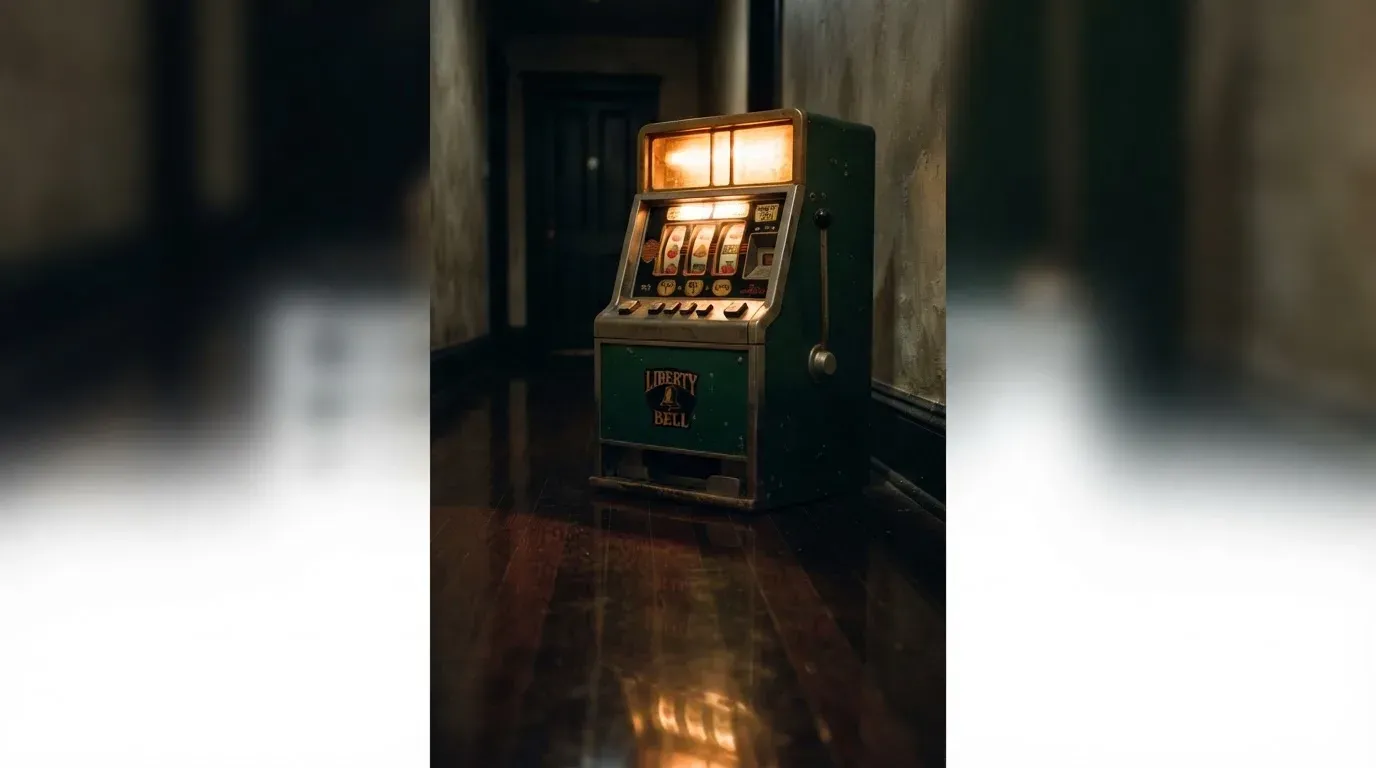 En gammal spelautomat lyser i den dunkla hallen och speglar sig i golvet — svenska casinon med paypal