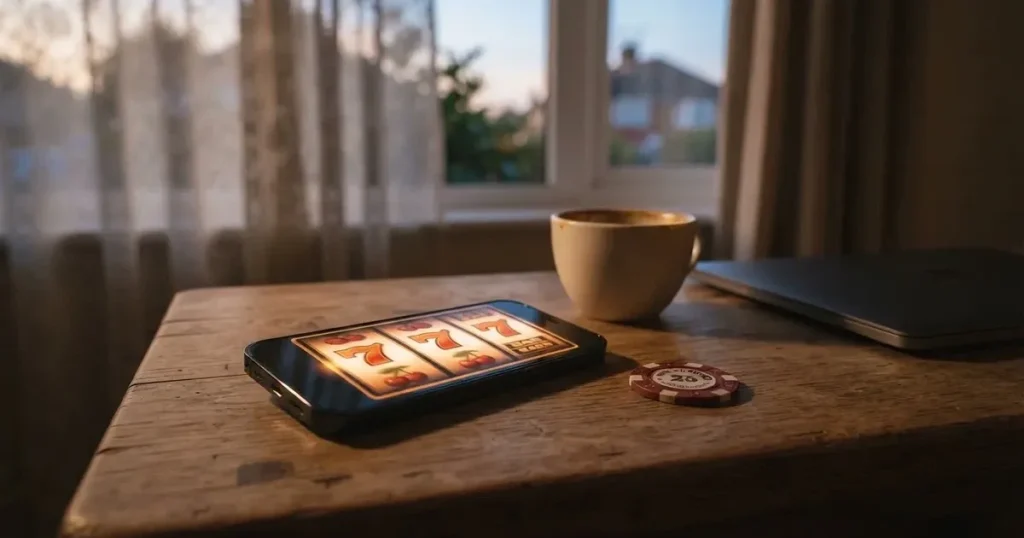 Kaffekopp och penna på ett smalt hallbord i skymning, en stängd bärbar dator vid sidan — svenska casinon med paypal