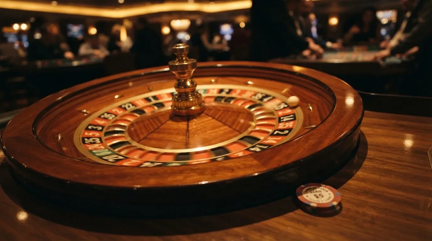 Ett roulettehjul snurrar på ett blankt träbord, den vita kulan glimmar i takljusets guld — svenska casinon med paysafecard
