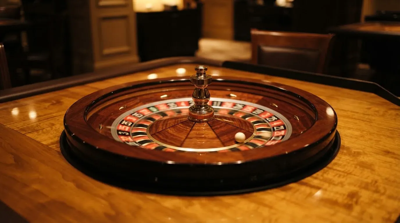 Ett roulettehjul snurrar på ett blankt träbord, den vita kulan glimmar i takljusets guld — svenska casinon med payz