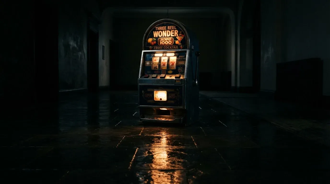 En gammal spelautomat lyser i den dunkla hallen och speglar sig i golvet — svenska casinon med siru