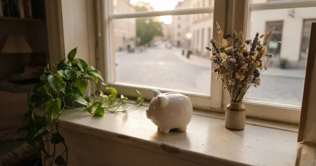 En porslinsgris på fönsterbrädan i morgonljus, bredvid en torkad blombukett och en grön växt — svenska casinon med siru