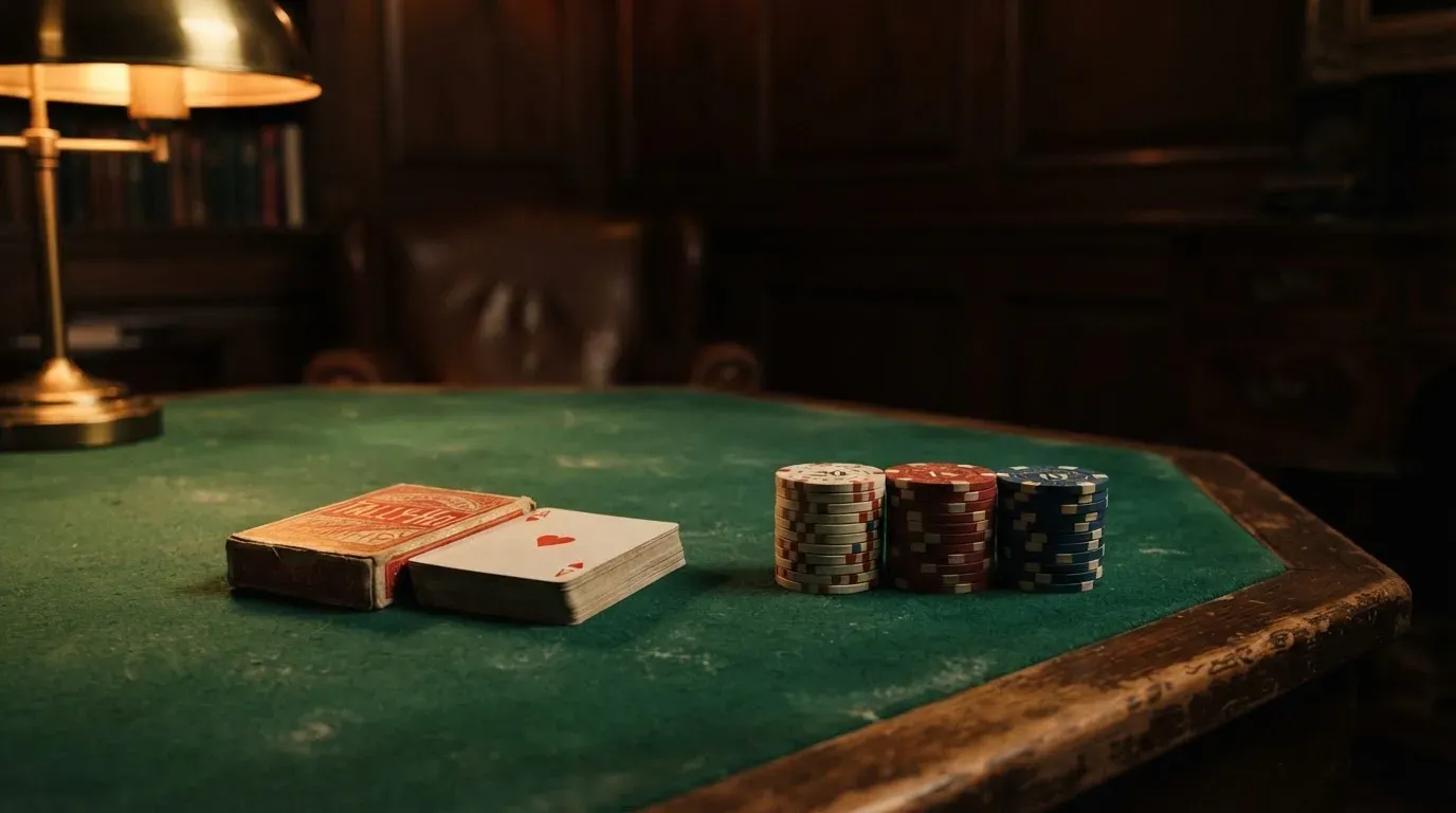 Kortlek och staplar av spelmarker på ett grönt filtbord i en dunkel salong, varmt lampsken — svenska casinon med skrill