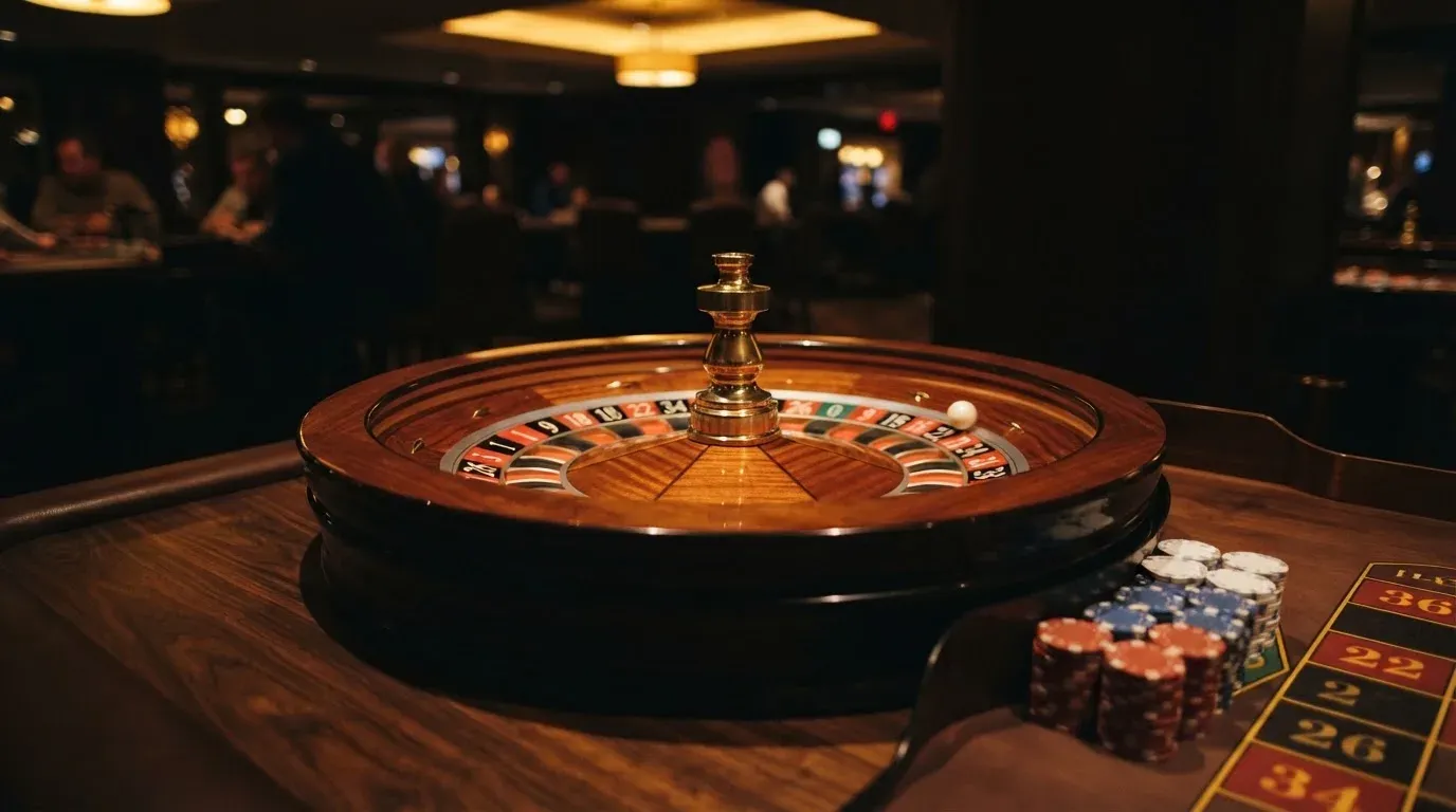 Ett roulettehjul snurrar på ett blankt träbord, den vita kulan glimmar i takljusets guld — svenska casinon med sms betalning