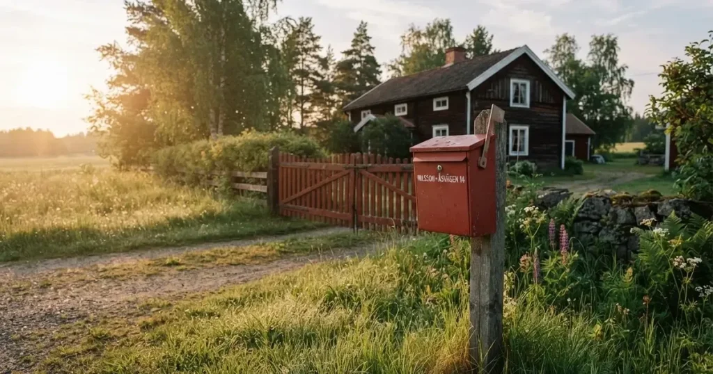 En röd brevlåda vid grinden till en lantgård en sommarkväll, daggigt gräs och långa skuggor — svenska casinon med sms betalning