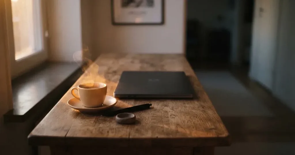 Kaffekopp och penna på ett smalt hallbord i skymning, en stängd bärbar dator vid sidan — svenska casinon med swish