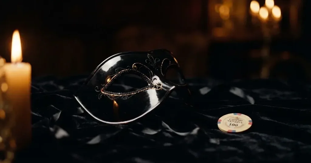 En venetiansk mask på svart sammet, ljuslågan speglas i dess blanka yta — svenska casinon med tether