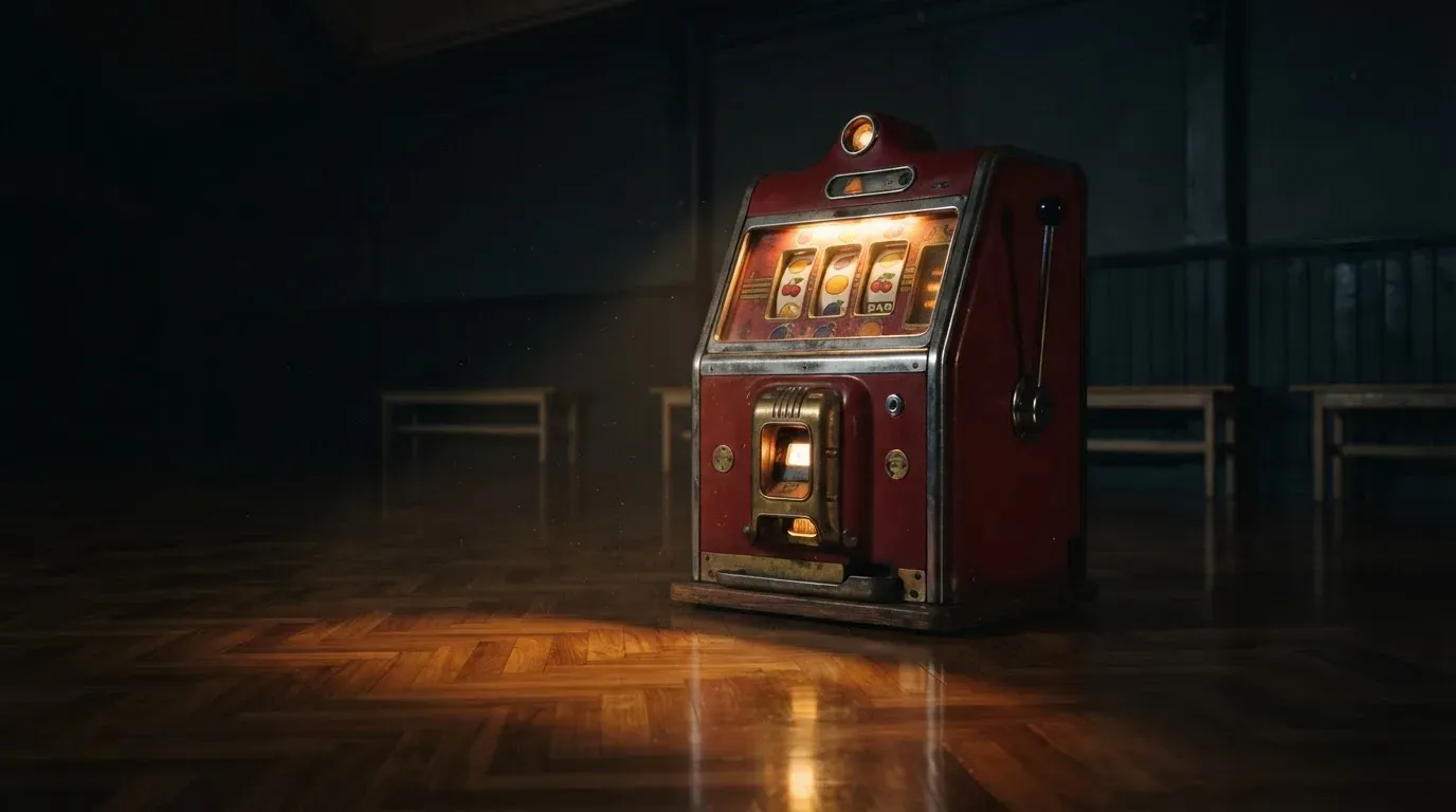 En gammal spelautomat lyser i den dunkla hallen och speglar sig i golvet — svenska casinon med tron