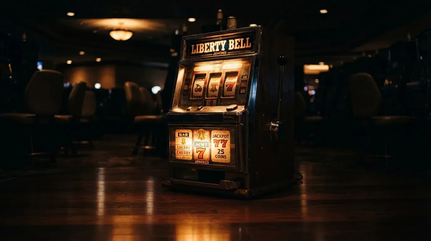 En gammal spelautomat lyser i den dunkla hallen och speglar sig i golvet — svenska casinon med visa
