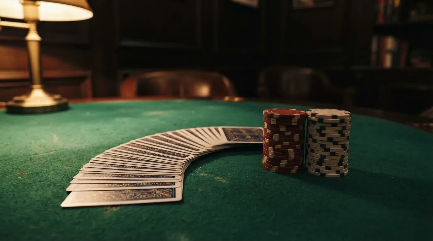 Kortlek och staplar av spelmarker på ett grönt filtbord i en dunkel salong, varmt lampsken — svenska casinon med zimpler