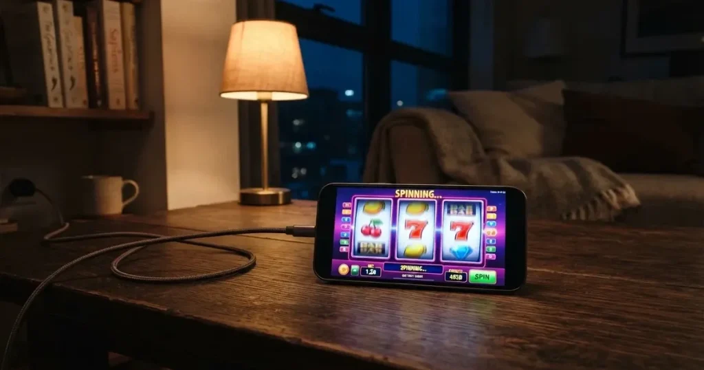 En smartphone ligger med baksidan upp på soffbordet, laddsladden ringlar och läslampan lyser mjukt — svenska casinon på ios