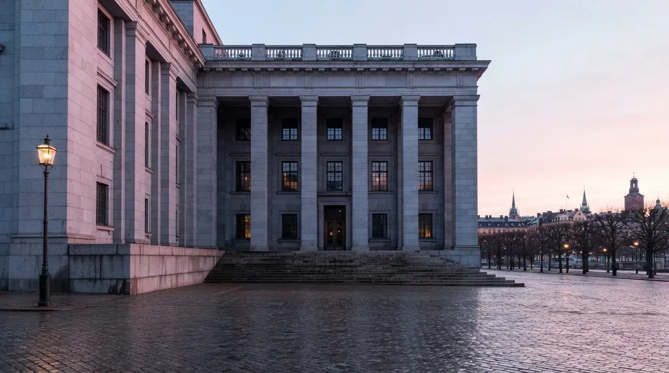 Stenfasad på en statlig byggnad i Stockholm vid gryning, höga pelare och ett tomt torg framför — svenska casinon på ios