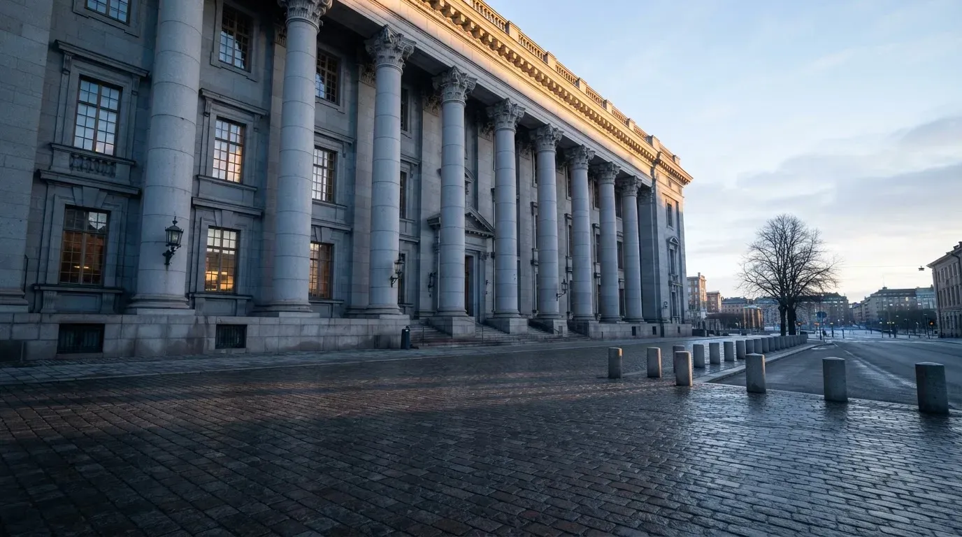 Stenfasad på en statlig byggnad i Stockholm vid gryning, höga pelare och ett tomt torg framför — svenska casinon på nätet