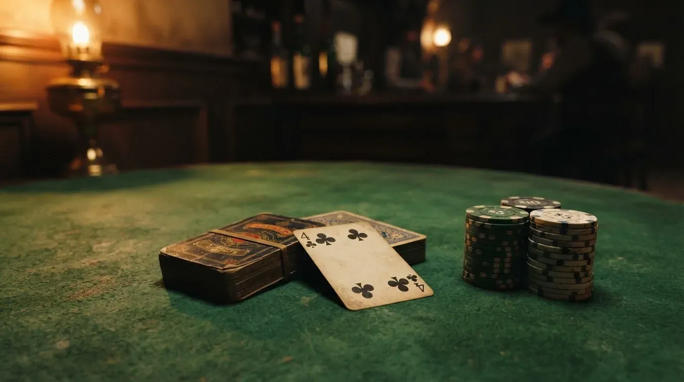 Kortlek och staplar av spelmarker på ett grönt filtbord i en dunkel salong, varmt lampsken — svenska casinon utan konto