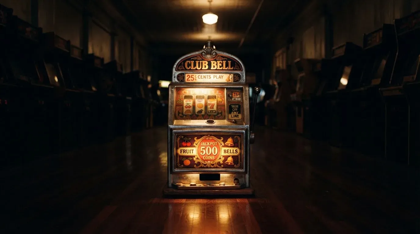En gammal spelautomat lyser i den dunkla hallen och speglar sig i golvet — svenska casinon utan registrering
