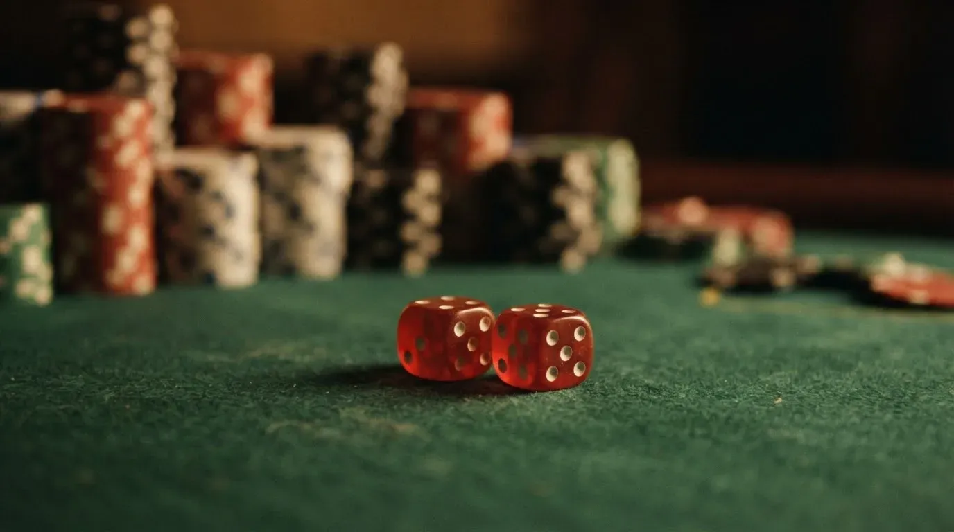 Röda tärningar vilar på grönt filt, bakom dem suddiga torn av spelmarker i kvällsdunklet — svenska casinon utan spelpaus