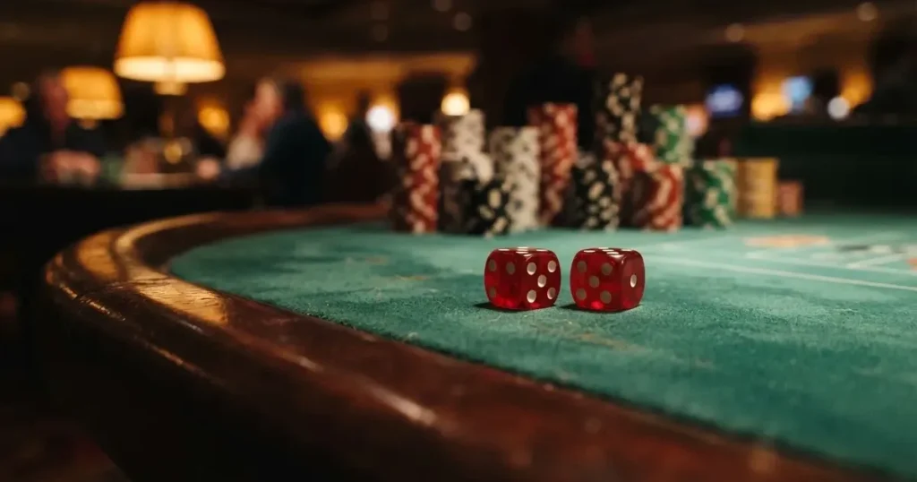 Röda tärningar vilar på grönt filt, bakom dem suddiga torn av spelmarker i kvällsdunklet — svenska internet casinon