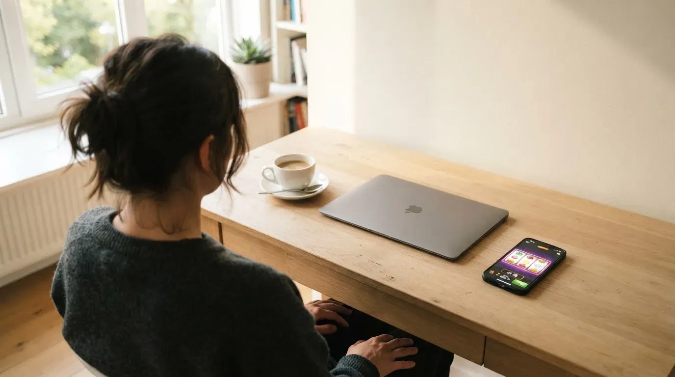En person sitter vid ett skrivbord hemma med en kopp kaffe och en bärbar dator stängd bredvid sig i morgonljus.