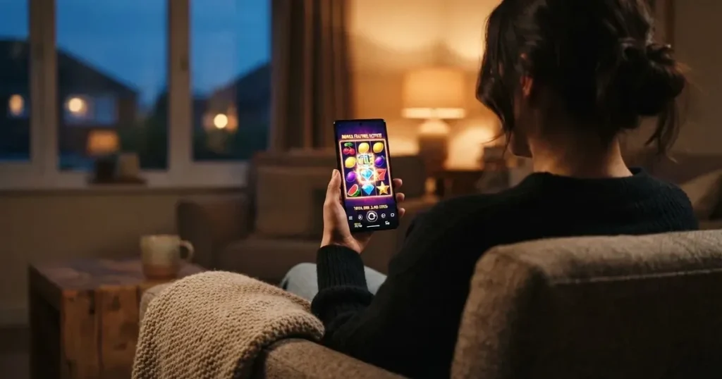 En hand håller en smartphone med skärmen vänd nedåt medan personen sitter avslappnat i en fåtölj i mjukt ljus.