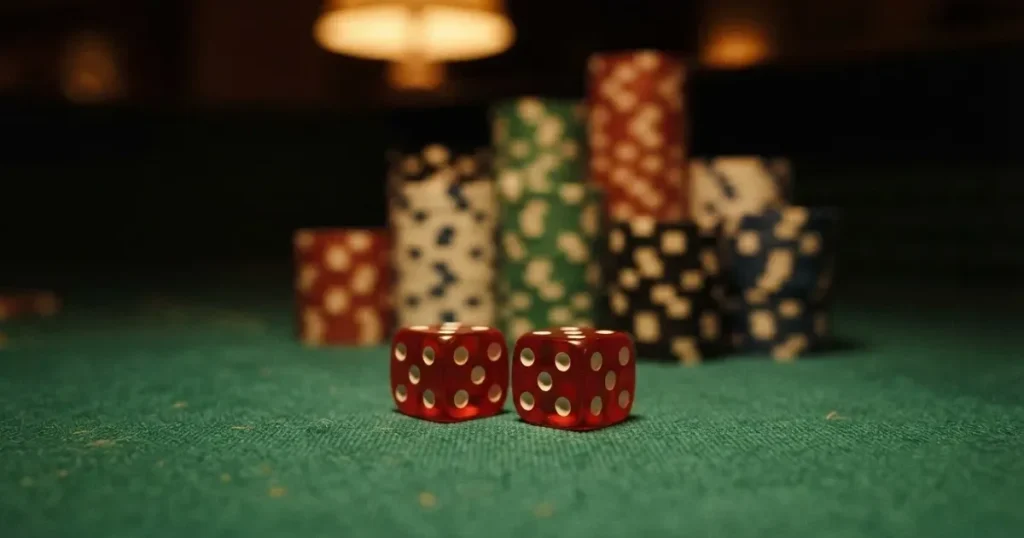 Röda tärningar vilar på grönt filt, bakom dem suddiga torn av spelmarker i kvällsdunklet — svenska online casinon